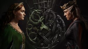 Two female characters from The House of the Dragon facing each other