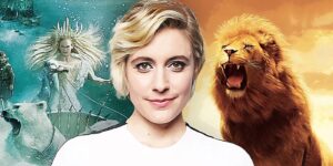 Image of Greta Gerwig with images from The Lion, the Witch and the Wardrobe as backdrop