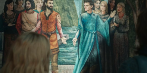 Tapestry showing Elros and Elrond, the latter played by Robert Aramayo