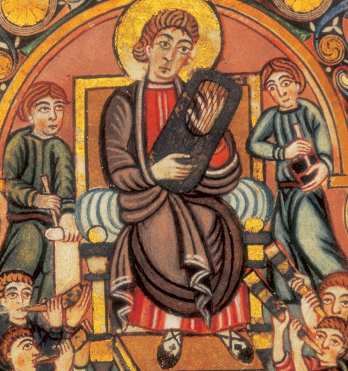 King David plays an Anglo-Saxon lyre in an illustration from the 8th-century Vespasian Psalter.