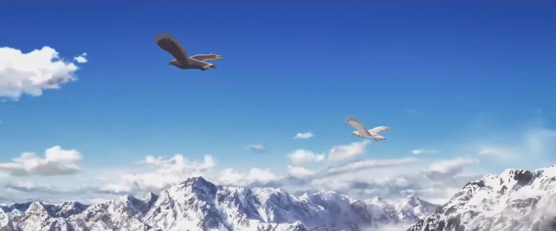 Two eagles soar above snowy mountain peaks in The War of the Rohirrim.