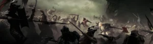 Wide shot of a battle scene involving dwarves