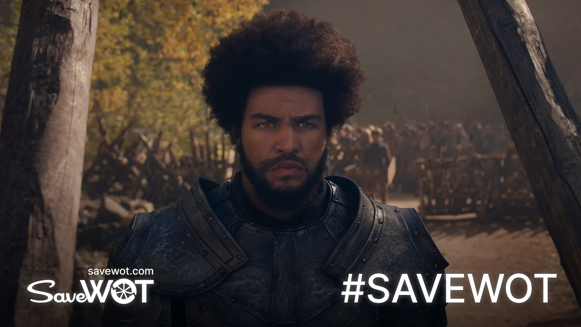 A serious-looking man in dark medieval armor stands between two wooden beams, staring ahead with determination. He has a full beard and a large afro hairstyle, with glowing golden eyes. Behind him, a crowd of people and wooden structures are visible under autumnal trees. Overlay text reads “SaveWOT” and “#SAVEWOT,” with the URL “savewot.com.”