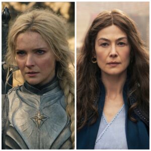 Composite image showing Galadriel from Rings of Power in plate armour on the left, and Morraine from Wheel of Time on the right
