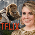 A composite image of Greta Gerwig, the Netflix logo, and a scene with a male lion standing next to a young woman in a long white medieval dress, holding a bow and wearing a quiver of arrows, in front a large castle