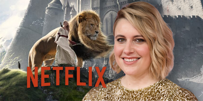 A composite image of Greta Gerwig, the Netflix logo, and a scene with a male lion standing next to a young woman in a long white medieval dress, holding a bow and wearing a quiver of arrows, in front a large castle