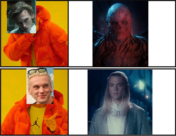 Drake meme template with Jamie Campbell Bower's face on Drake, with top, rejected item JCB as Vecna, and bottom, happy item as Celeborn from 2001 Fellowship of the Ring film