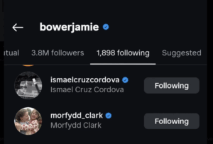 Screenshot of Instagram account "bowerjamie" following the two accounts "ismaelcruzcordova" and "morfydd_clark"