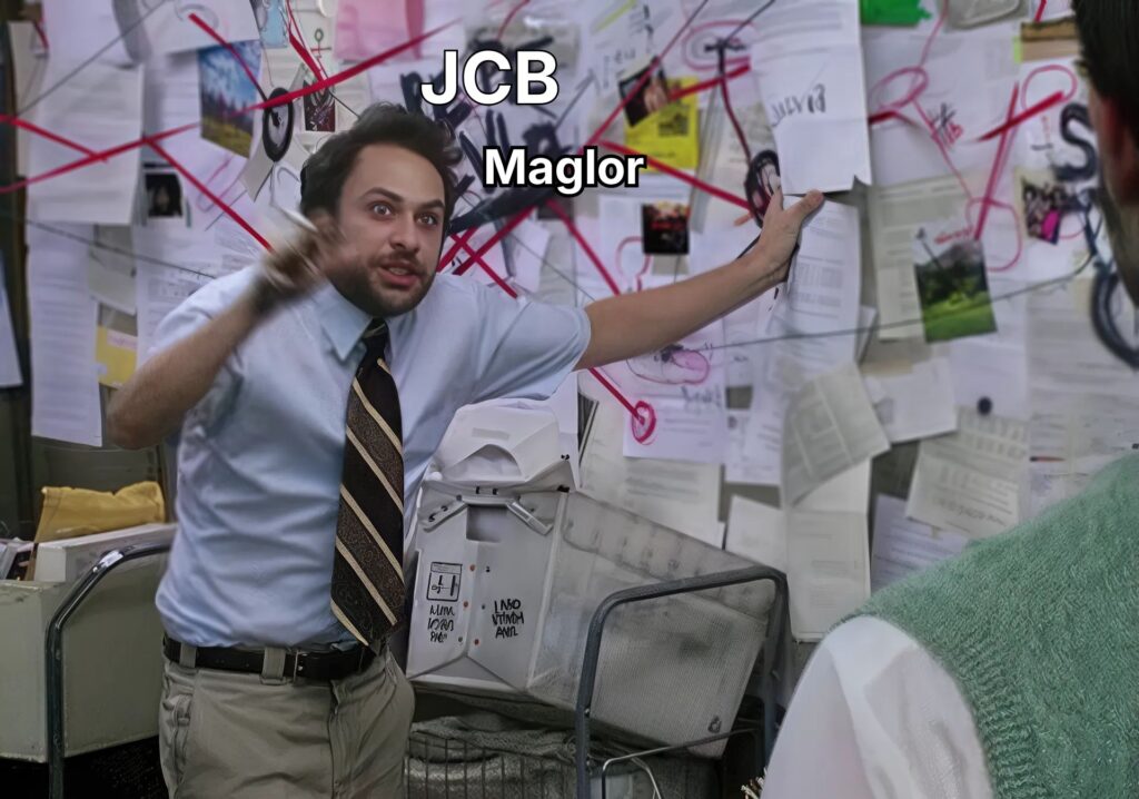 Charlie Day conspiracy meme template with superimposed words 'JCB' and 'Maglor' on the pinboard covered in papers and red string