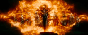 The nine Nazgûl as depicted in Peter Jackson's The Battle of the Five Armies, floating in front of a magical giant flaming eye
