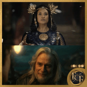 A composite image showing Cynthia Addai-Robinson as Míriel, and Ben Daniels as Círdan