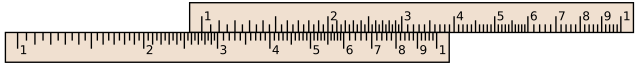 A slide rule, made up of two sliding rulers next to each other with markings on adjacent edges. The rulers are misaligned to that the numbers are offset
