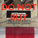 Photo of a fragment of paper with a single word on it, encased in a plastic sleeve, describing it as by Tolkien. There are bold red words over the top saying "DO NOT BUY"