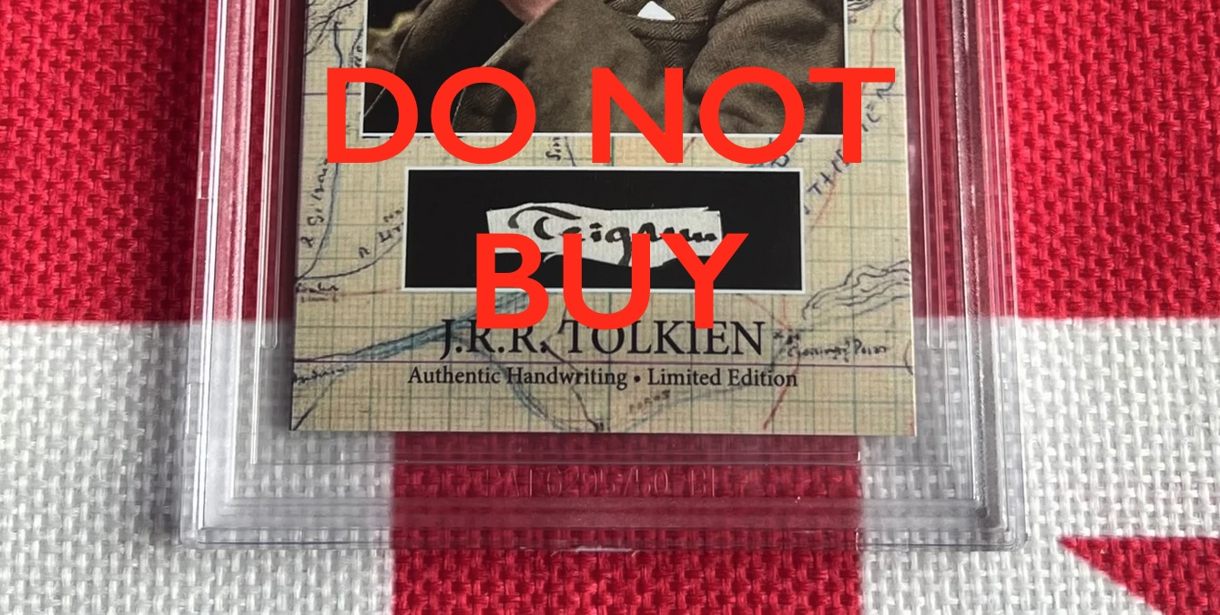 Photo of a fragment of paper with a single word on it, encased in a plastic sleeve, describing it as by Tolkien. There are bold red words over the top saying "DO NOT BUY"