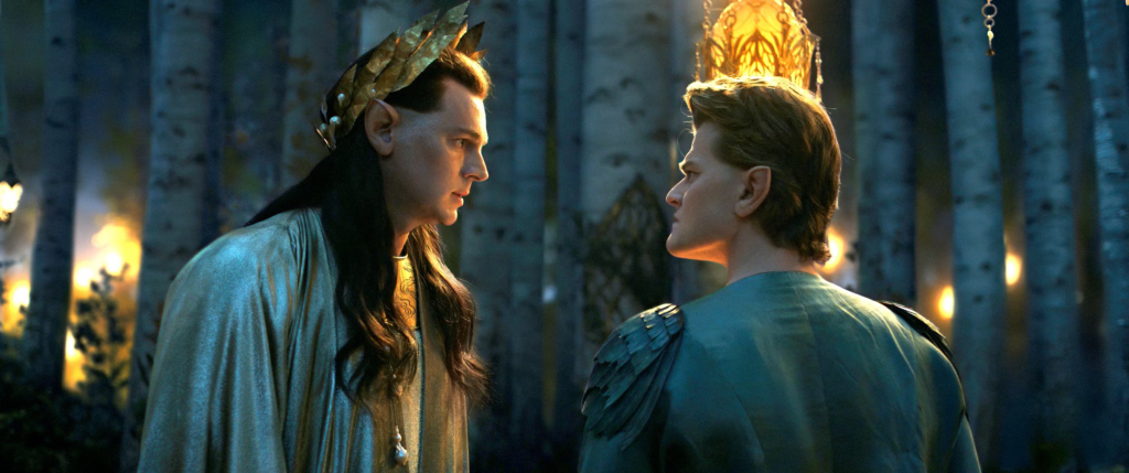 Gil-galad and Elrond from The Lord of the Rings: The Rings of Power, facing each other and having a discussion in a wooded area