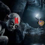 An image of the character Gollum lurking behind a rock in the foreground, while Bilbo is further back in the dark cave, with the only light coming from his Elvish sword, Sting. There is a Netflix logo on Gollum's forehead, and a Warner Bros. logo positioned like a shield Bilbo is carrying