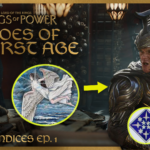 "The Lord of the Rings: The Rings of Power - Echoes of the First Age" title text, with footnote text "The RoPendices Ep. 1", next to a still shot of Rob Aramayo as Elrond wearing armour. There are composited inserts of an image of his mother Elwing in a semi-bird form and an Elvish heraldic device, with arrows pointing to details on the armour.