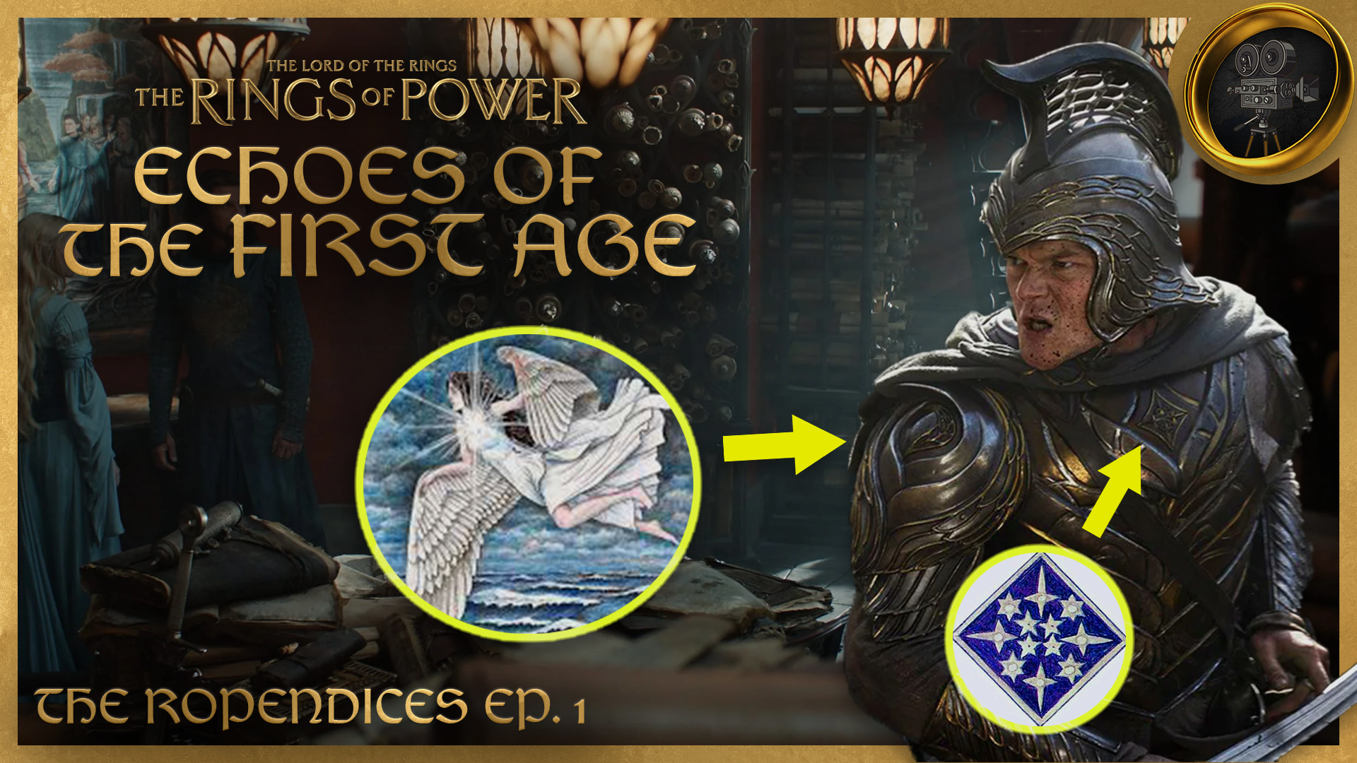 "The Lord of the Rings: The Rings of Power - Echoes of the First Age" title text, with footnote text "The RoPendices Ep. 1", next to a still shot of Rob Aramayo as Elrond wearing armour. There are composited inserts of an image of his mother Elwing in a semi-bird form and an Elvish heraldic device, with arrows pointing to details on the armour.