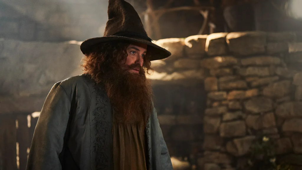 Tom Bombadil as played by Rory Kinnear in The Rings of Power, inside his house in Rhûn