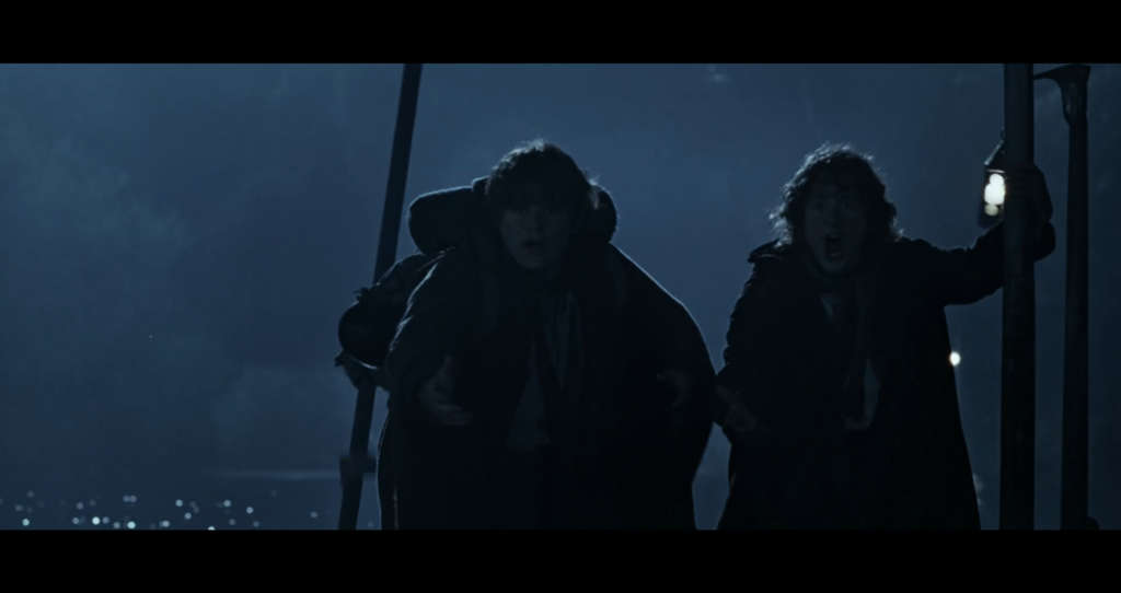 The hobbits Sam and Pippin on the Bucklebury Ferry