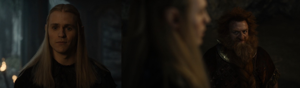 A two-part composite image showing Sauron as Annatar on the left, smiling in an attempt to be friendly, and the reverse shot on the right of Durin IV looking at him suspiciously