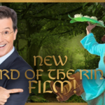 Composite images showing a smiling Stephen Colbert pointing at Tom Bombadil as painted by the Brothers Hildebrandt, with overlaid text "New Lord of the Rings Film!"