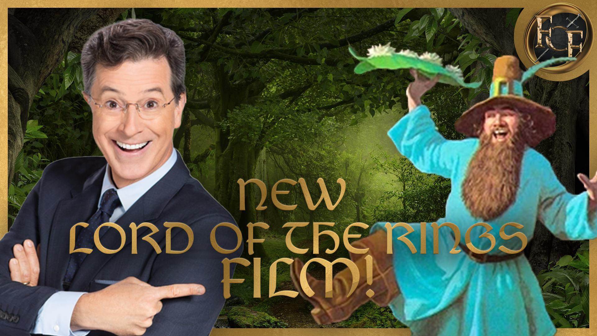 Composite images showing a smiling Stephen Colbert pointing at Tom Bombadil as painted by the Brothers Hildebrandt, with overlaid text "New Lord of the Rings Film!"