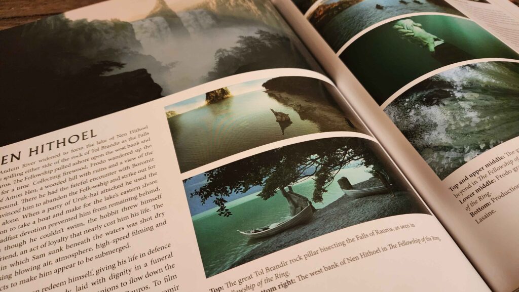 A close-up angled shot of a double page spread from Middle-earth from Script to Screen, showing photos of locations and art around Nen hithoel. The text describes how the scene of Sam nearly drowning was actually shot dry, in slow motion, with bubbles and lighting added afterwards.