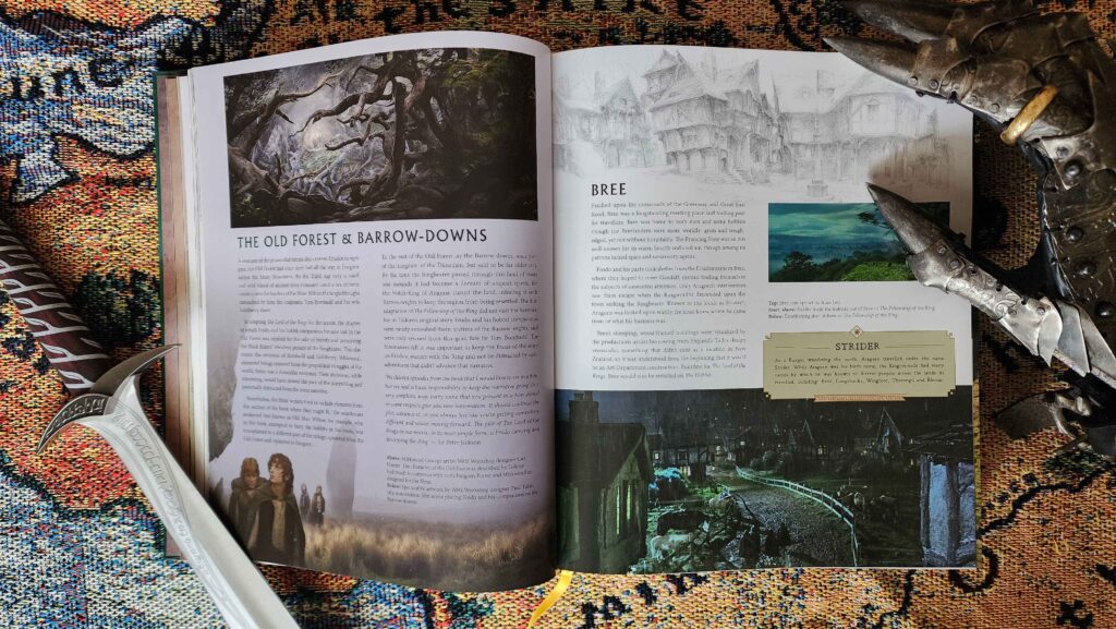 Photo of double-page spread of Middle-earth from Script to Screen, showing pages titled "The Old Forest and Barrow-downs" and "Bree". There is concept art of both and a location set photo of Bree.