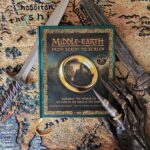 A photo of the front cover of Middle-earth from Script to Screen, on a cloth map of Middle-earth. There are replica movie props either side: two swords and Sauron's gauntlet.