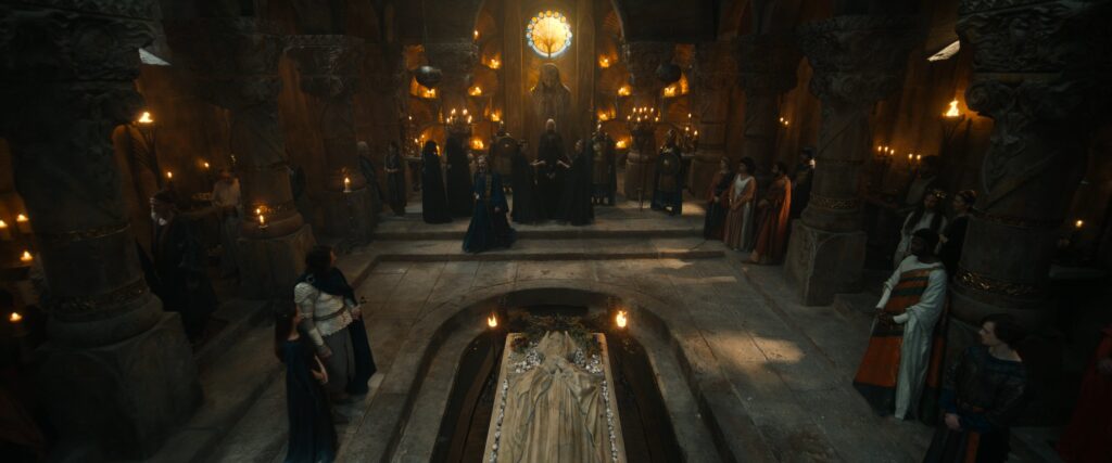 Númenóreans attend the funeral of Tar-Palantir in a Faithful gathering place