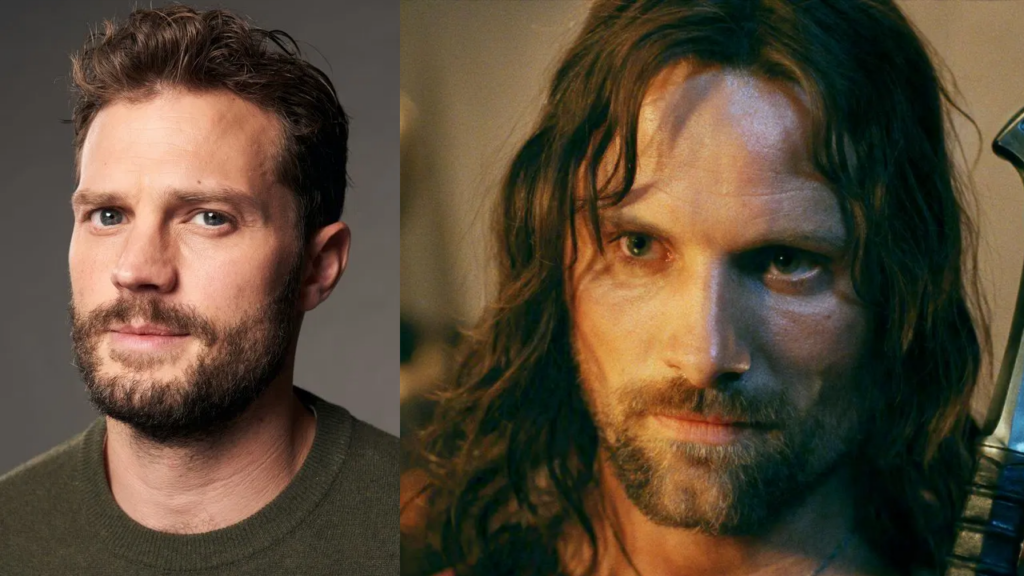 Composite photo showing actor Jamie Dornan next to Aragorn as portrayed by Viggo Mortensen