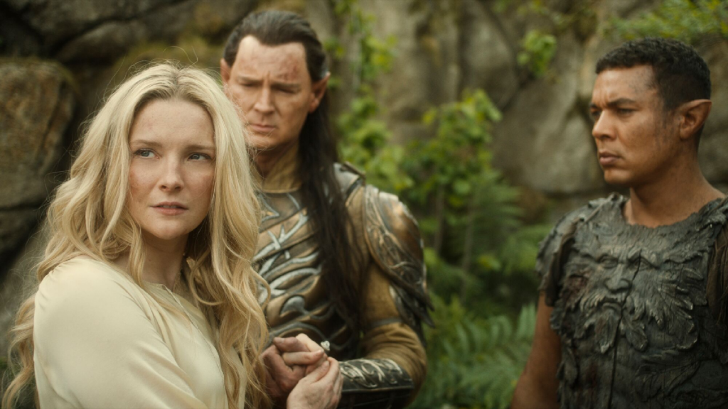 Morfydd Clark, Benjamin Walker and Ismael Cruz Cordova, playing Galadriel, High King Gil-galad, and Arondir, respectively, in The Rings of Power Season 2