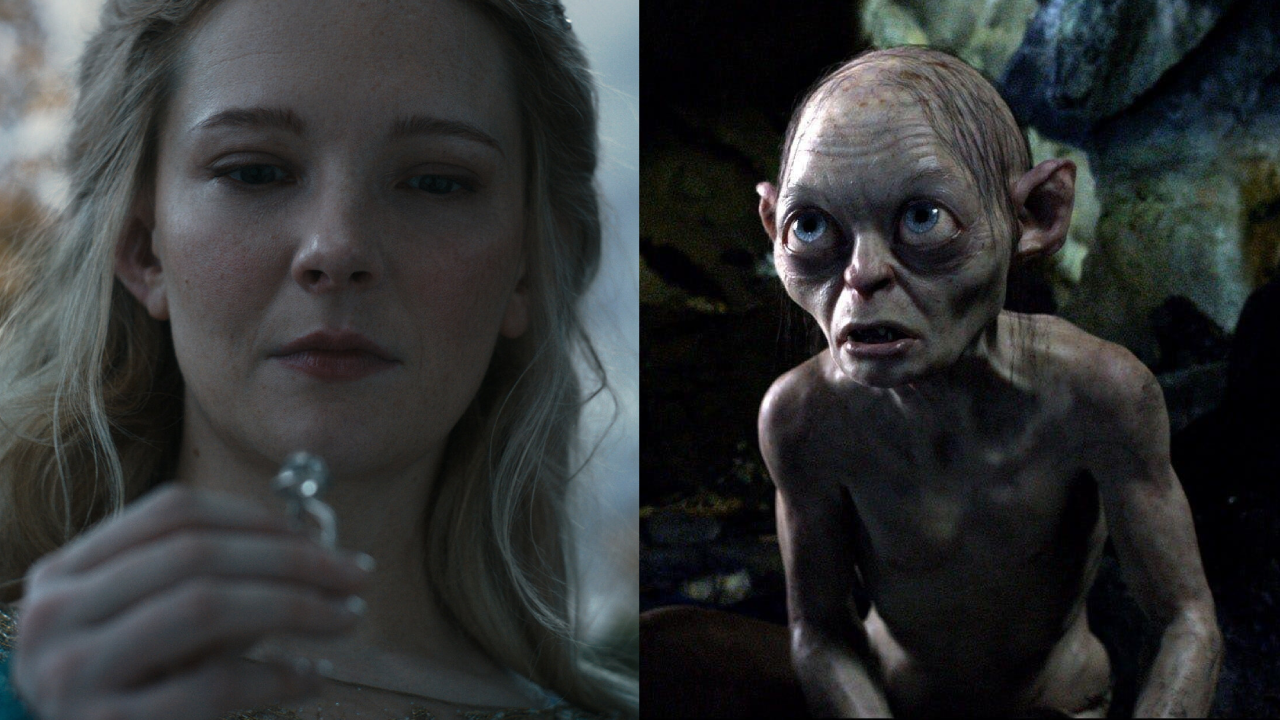 Composite image showing Morfydd Clark as Galadriel from The Rings of Power, and Gollum from Jackson's Lord of the Rings films