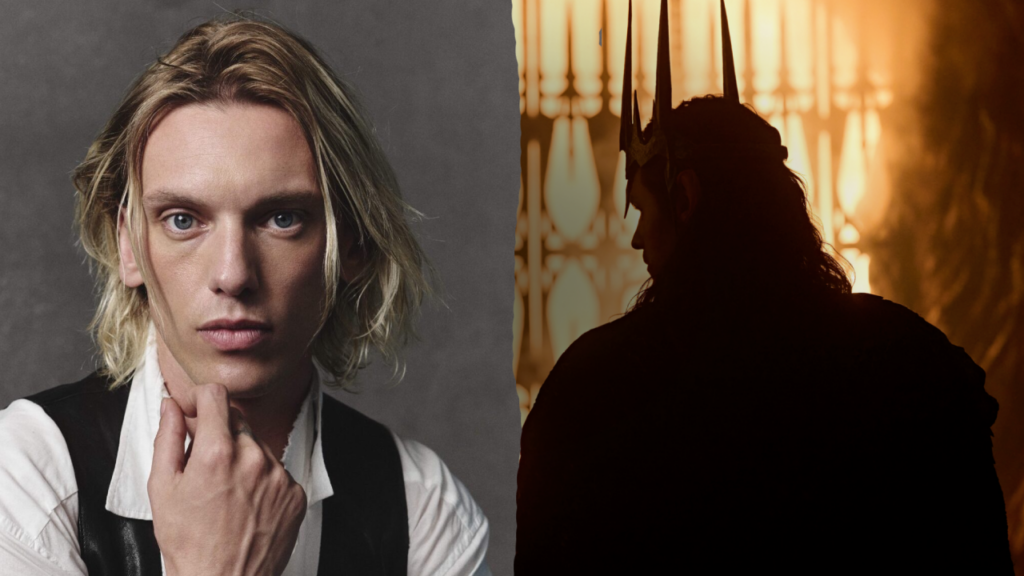 Composite image showing a stock head-and-shoulders photo of Jamie Campbell Bower, and Sauron in silhouette against a barred gate in a tunnel, lit from behind as with fire