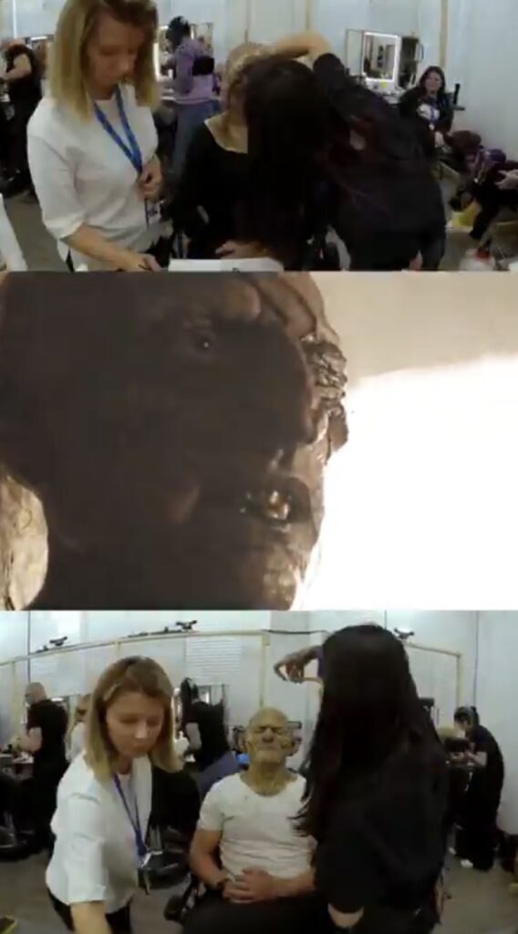 Composite image of an Uruk being made up in the prosthetics department