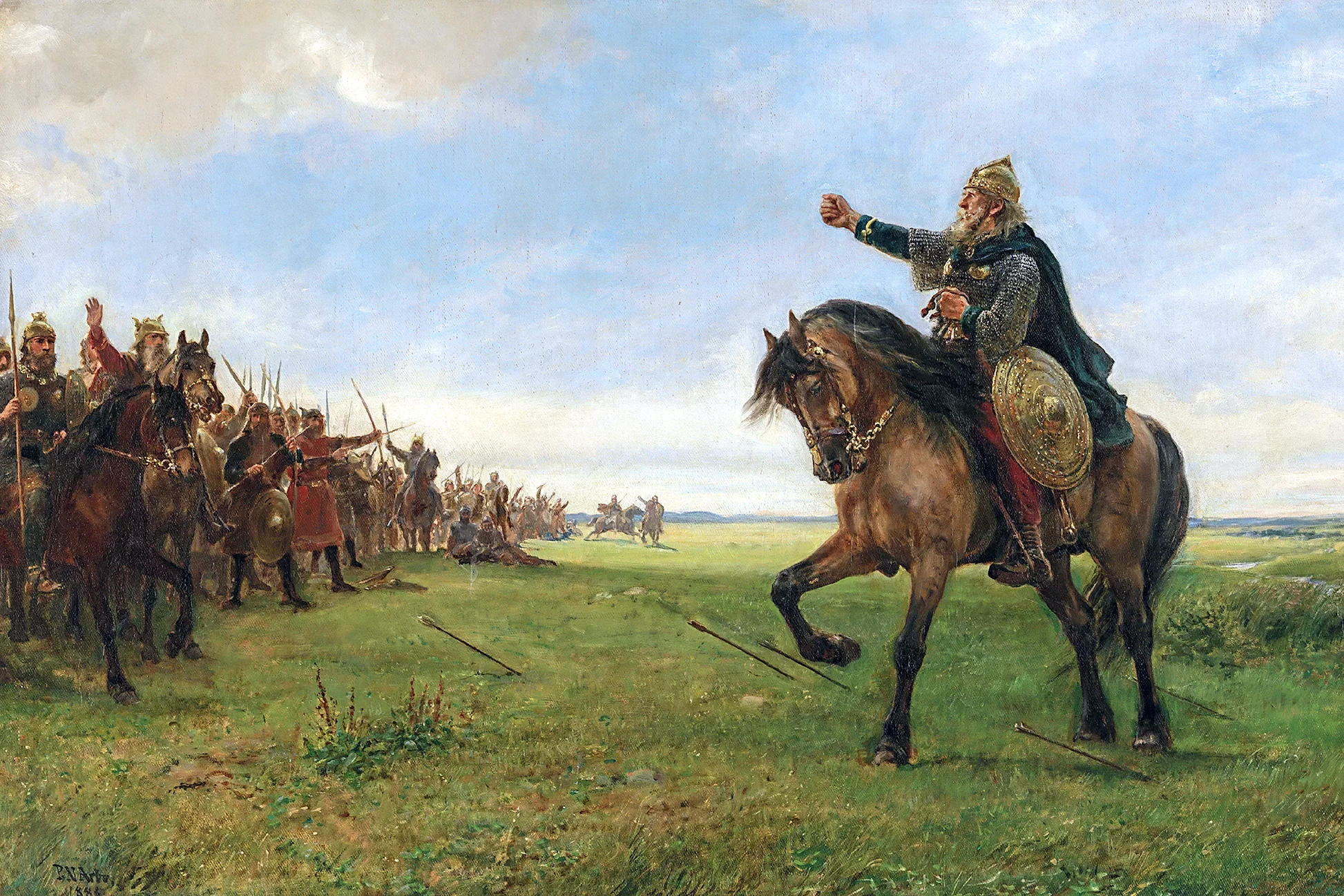 "Gizur challenges the Huns" (1886), a painting by Peter Nicolai Arbo illustrating a scene from "The Battle of the Goths and Huns", an episode in the Saga of King Heidrek the Wise
