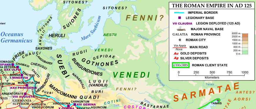 Map of the Roman Empire in AD 125 - detail of the Germanic tribes past the northern border in central Europe