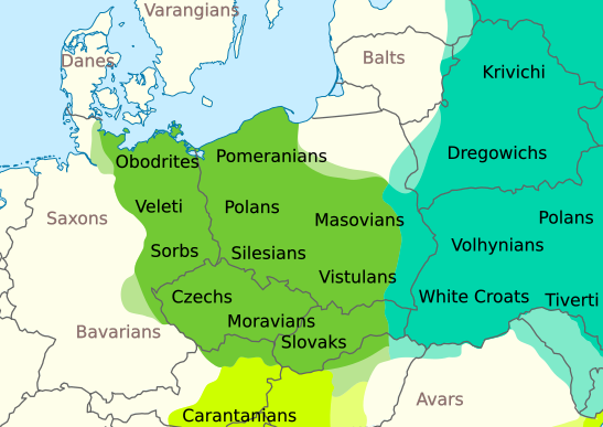 Slavic tribes in the 7th to 9th centuries, spread geographically across modern-day eastern Germany, Czechia, Slovakia, Poland, Ukraine, Romania and Austria