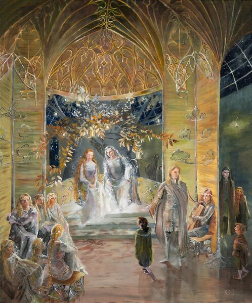 Painting of Celeborn and Galadriel in their reception hall in Lothlorien (by Miriam Ellis)