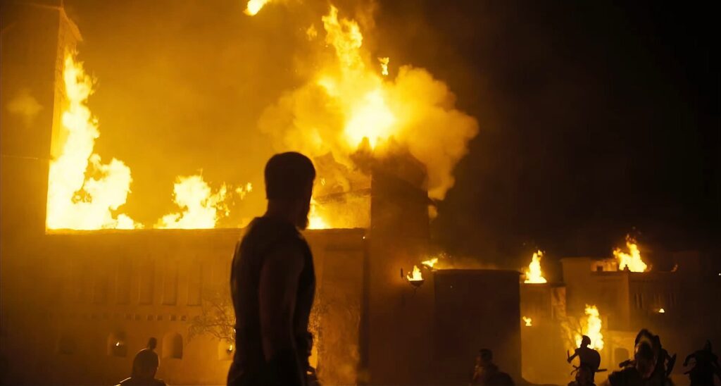 Odysseus looks at flames engulfing the city of Troy