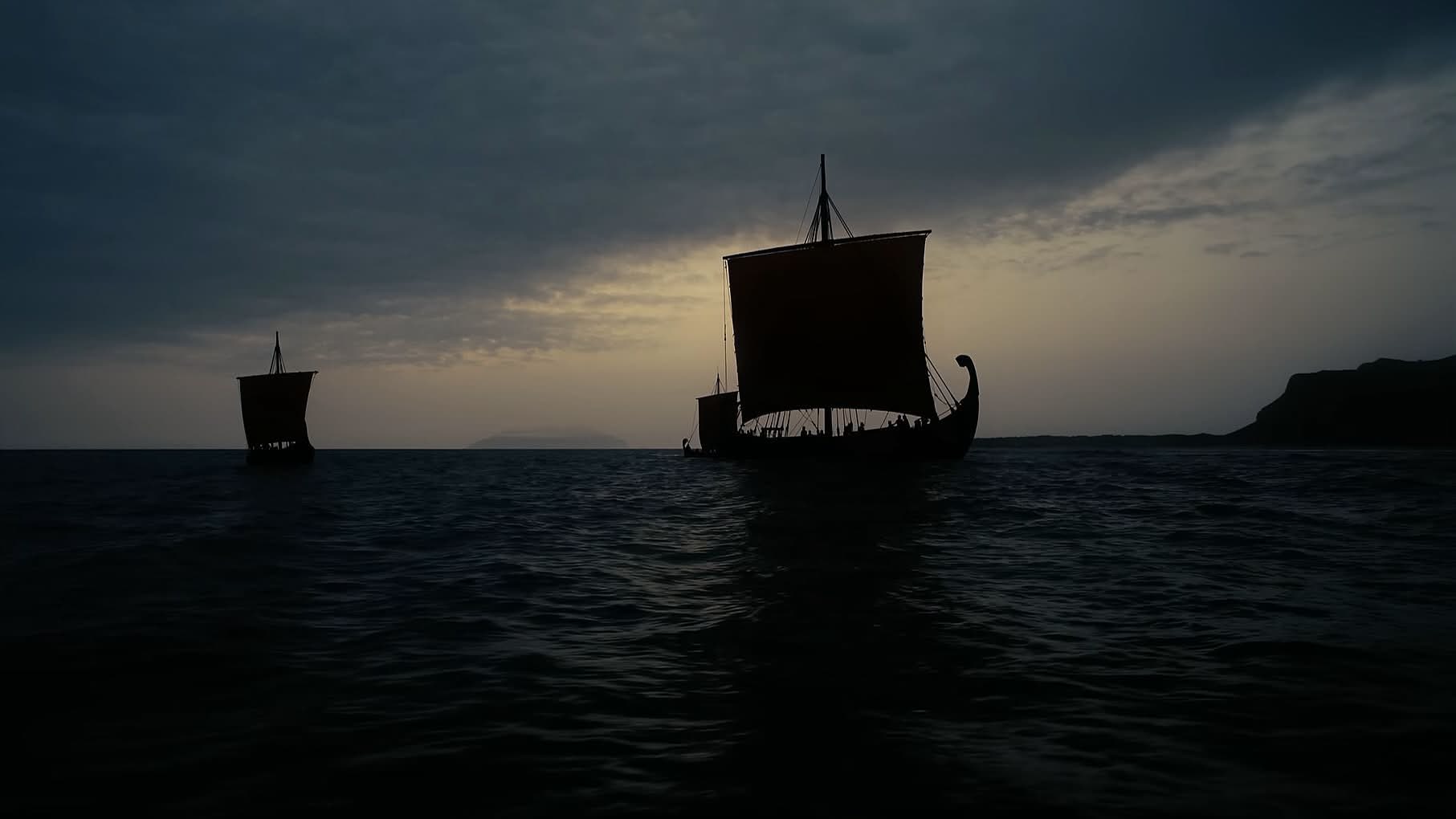 shot of ships sailing on the sea from The Odyssey