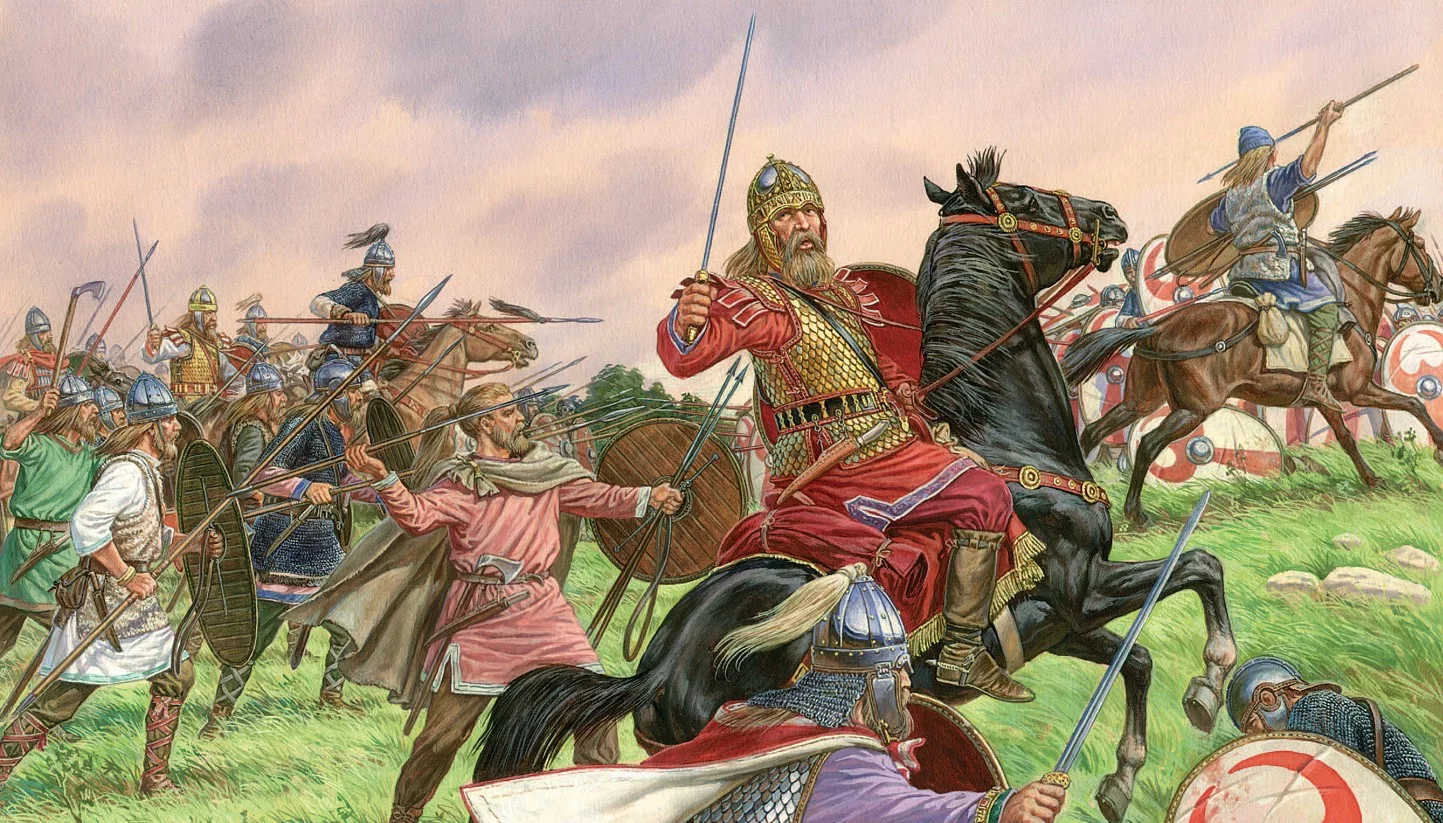 Germanic warriors engaged in battle during the Late Roman era.