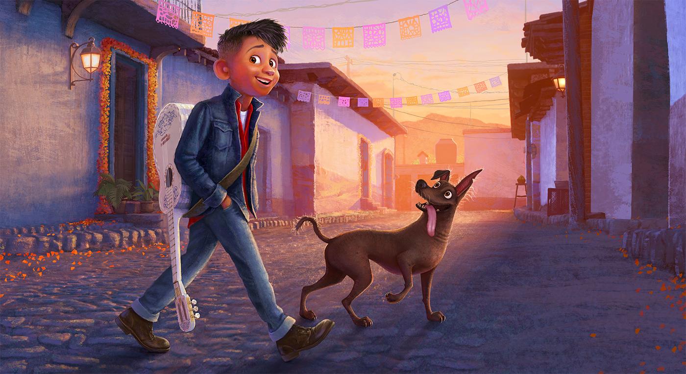 A teenage Miguel with his guitar on his back with his dog