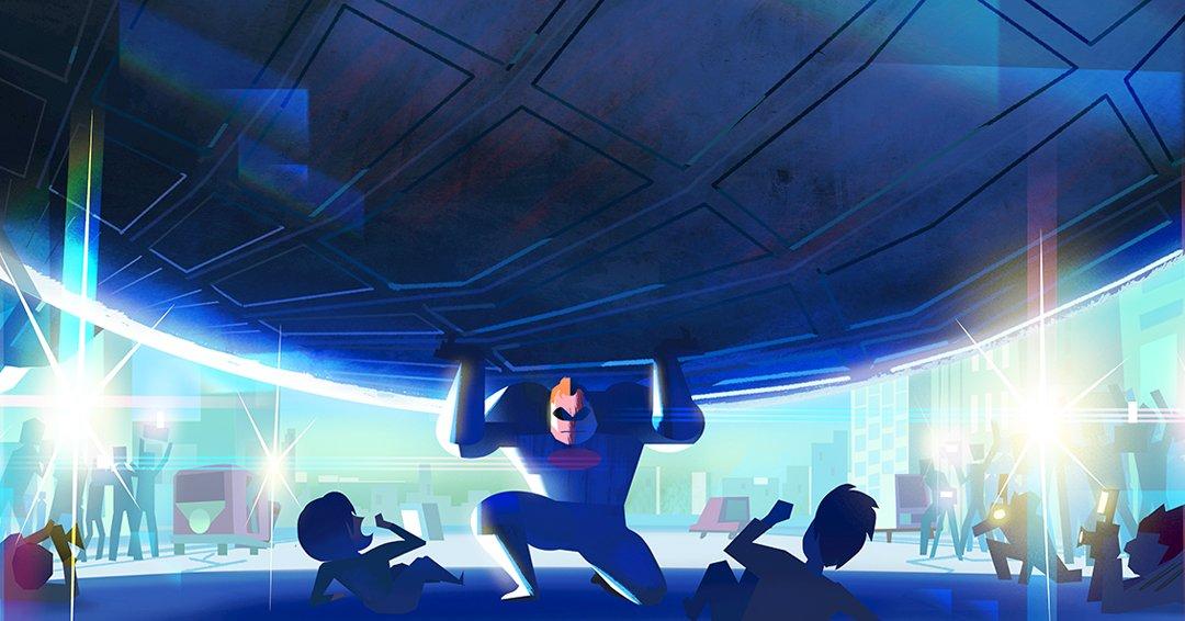 Mr Incredible holding up a giant metal sphere on his shoulders to avoid people being squashed