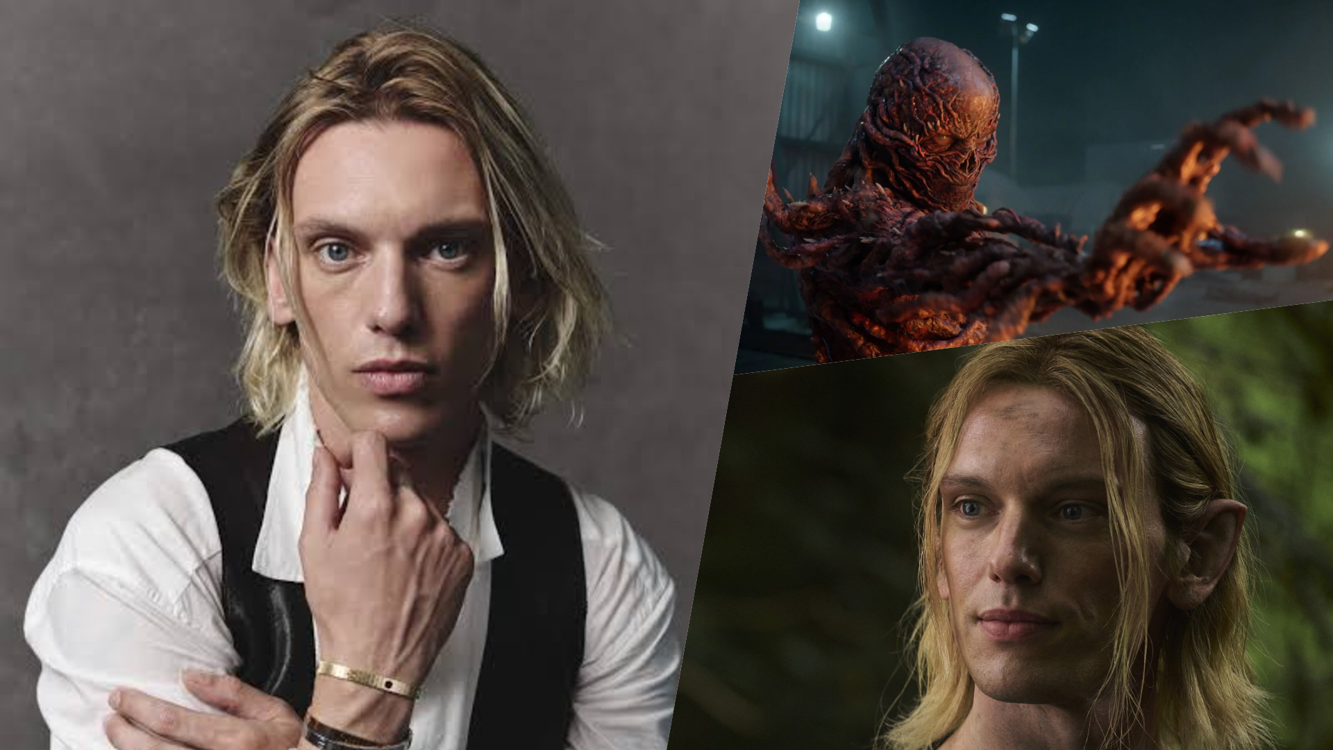 Composite image of Jamie Campbell Bower as himself, as Vecna in Stranger Things, and as Celeborn in Rings of Power season 3
