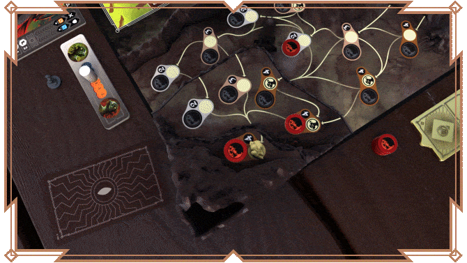 Animated flyover of the four game boards set up with all the pieces and cards