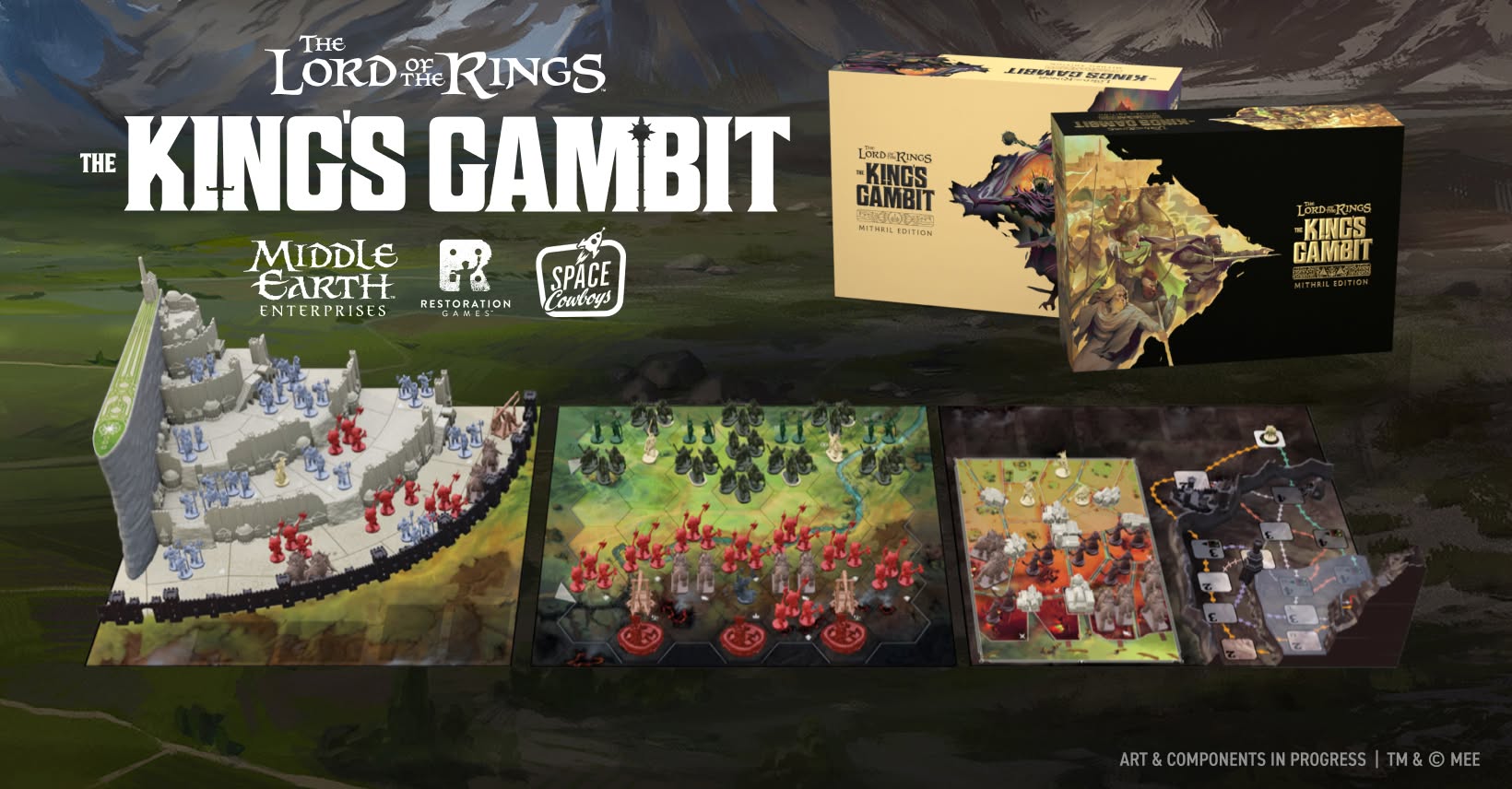 Photo of the four boards set up with game pieces, and the game box with artwork. One of the boards has a version of the city of Minas Tirth with its concentric rising circles and pieces of the opposing forces mid-play arranged on it