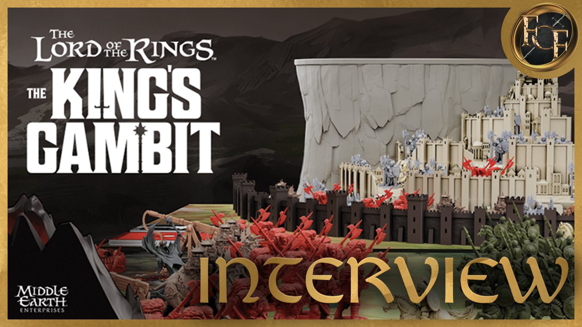 YouTube thumbnail showing the game title "The Lord of the Rings: King's Gambit" and the word "interview". The image shows the game board set up
