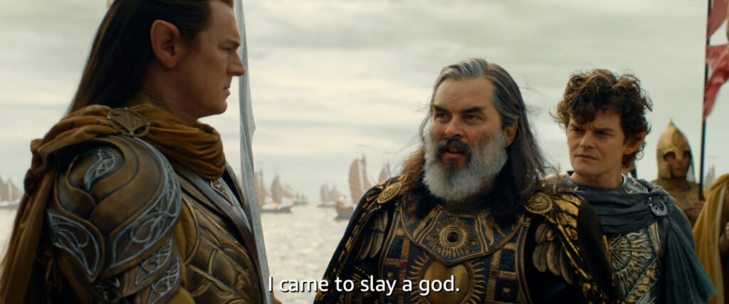 Ar-Pharazôn telling Gil-galad "I came to slay a god", while a concerned Elrond listens